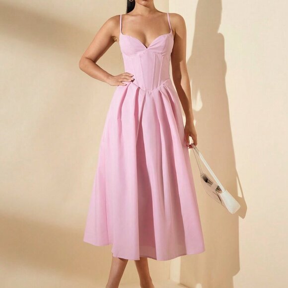 Dresses & Skirts - Baby Pink Elegant Women's Corset Strap A-Line Mid-Length Dress